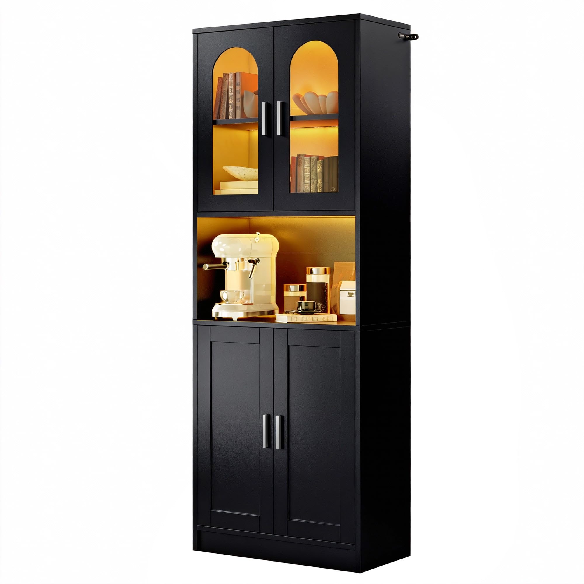 YITAHOME Tall Kitchen Cupboard, Kitchen Cabinet with Glass Doors & LED Lighting, Pantry Cupboard with Microwave Stand, Open Shelf & Adjustable Shelves, Kitchen Storage Cabinet Unit for Living Room