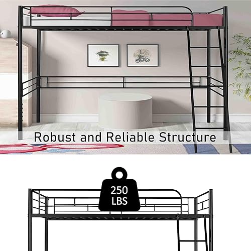 Miniatura 4 de Base de cama de metal tipo loft con escalera y barandilla de seguridad, marco de cama moderno de plataforma individual con espacio debajo de la cama