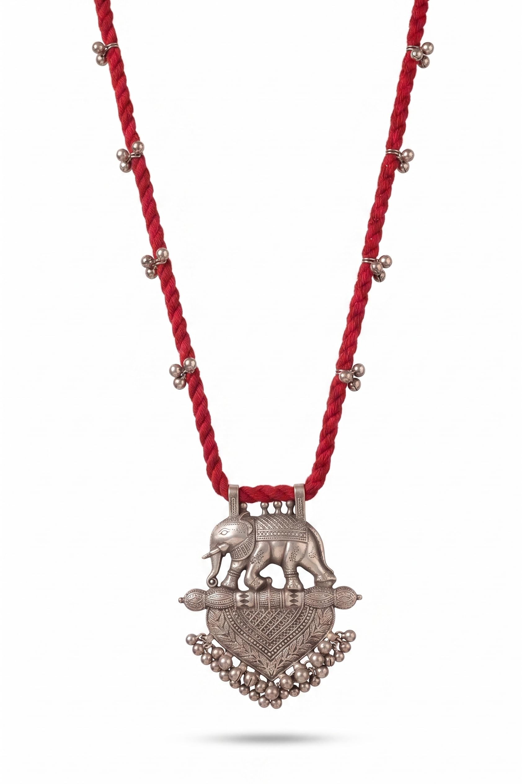 antique silver elephant pendant necklace with red thread, traditional indian design, metal ghungroo bells