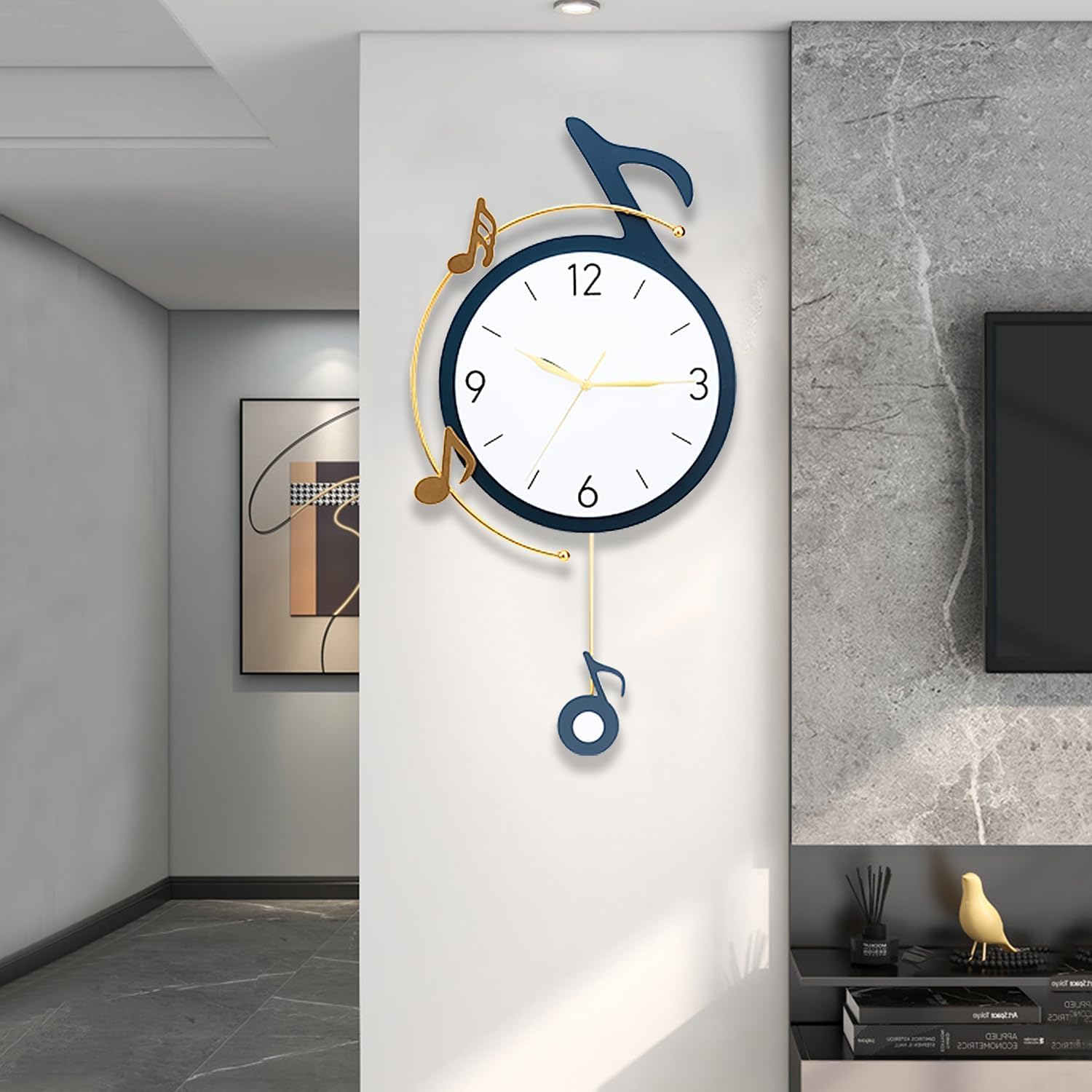 Decorative Quartz Wall Clock with Pendulum, Battery Operated, Music Note Art for Living Room, Kitchen, Home, Bathroom, Bedroom Decor, 12.6x22 Inch 688-navy Blue