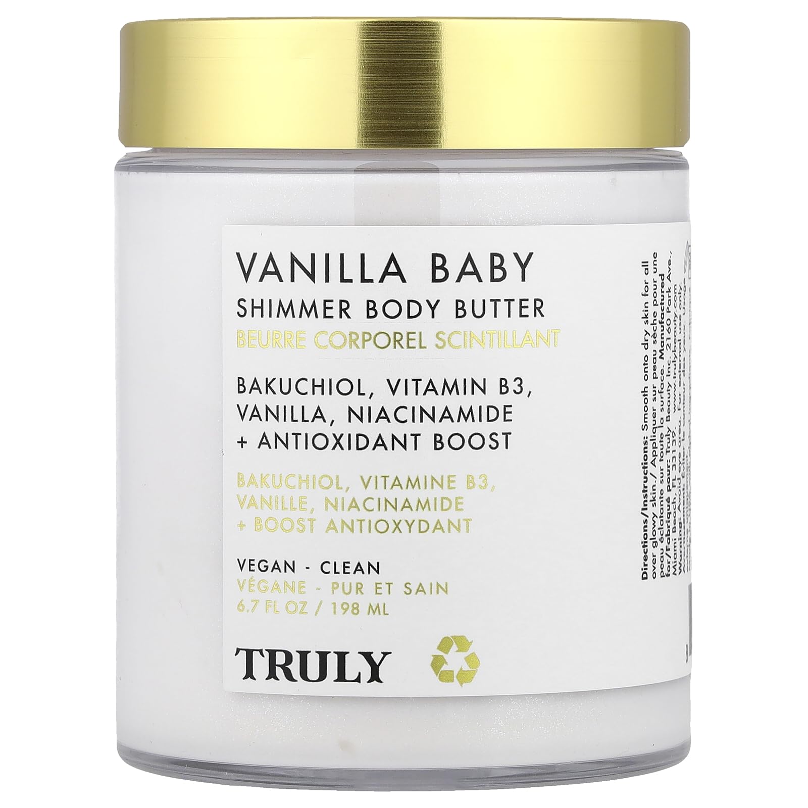 Truly Beauty Vanilla Baby Shimmer Body Butter | Smoothing & Firming Body Moisturizer With Bakuchiol & Niacinamide | Softens, Plumps & Illuminates Skin | Pearlescent Glow & Sweet Vanilla Scent