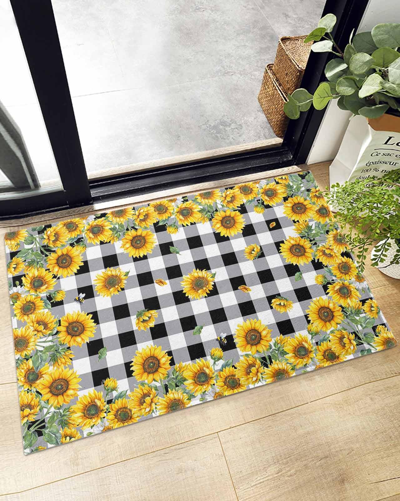 Indoor Doormat Watercolor Sunflowers Floral on Buffalo,Shaggy Floor Mat with Non-Skid Backing Black White Yellow,Machine Washable Plush Area Rug Carpets for Kitchen Nursery Bedroom