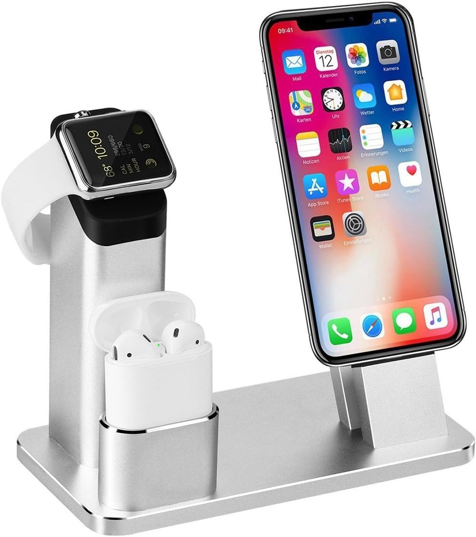 Apple Watch Stand, TOFOURT iPhone Charging Stand Dock Station Aluminum 4 in 1 AirPods Stand Holder, Support iWatch Series 2/1 NightStand Mode and iPhone X/8/7/7plus/SE/5s/7S/Plus with Case (Silver)