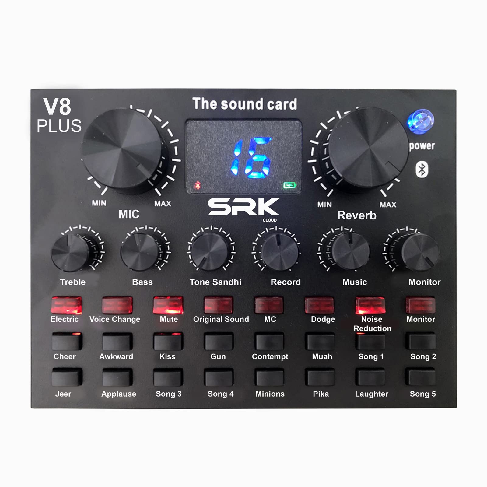 V 8 PLUS by SRK CLOUD with display Bluetooth, External Sound Card, Audio Interface Mixer with Sound Effects Voice Change Tones & Phantom Power for Microphone Live Streaming & Recording