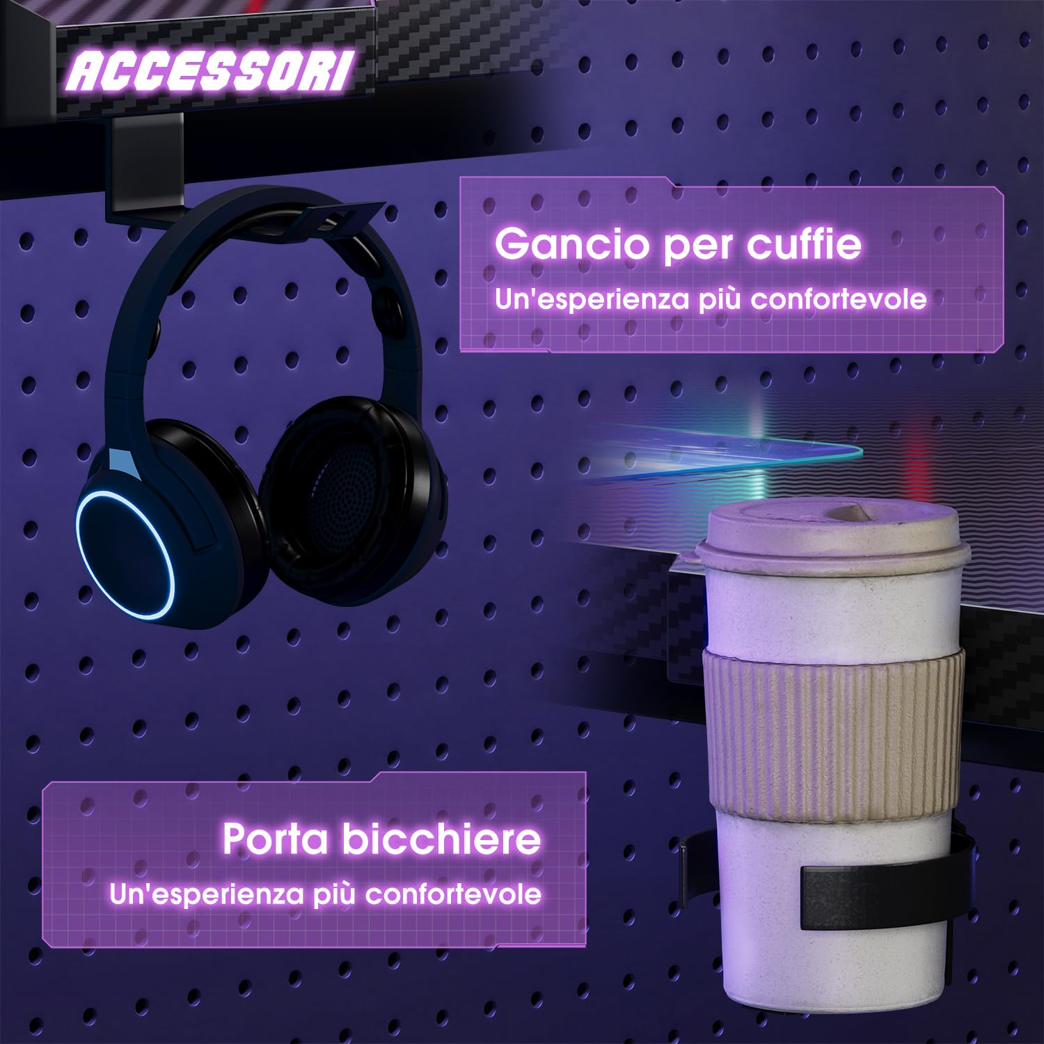Devoko 120 x 60cm Scrivania Gaming LED, Tavolo Gaming Ergonomica, Scrivania per Computer con Porta Bicchiere e Ganci per Cuffie, Postazione con Piano del Tavolo in Fibra di Carbonio, Nero
