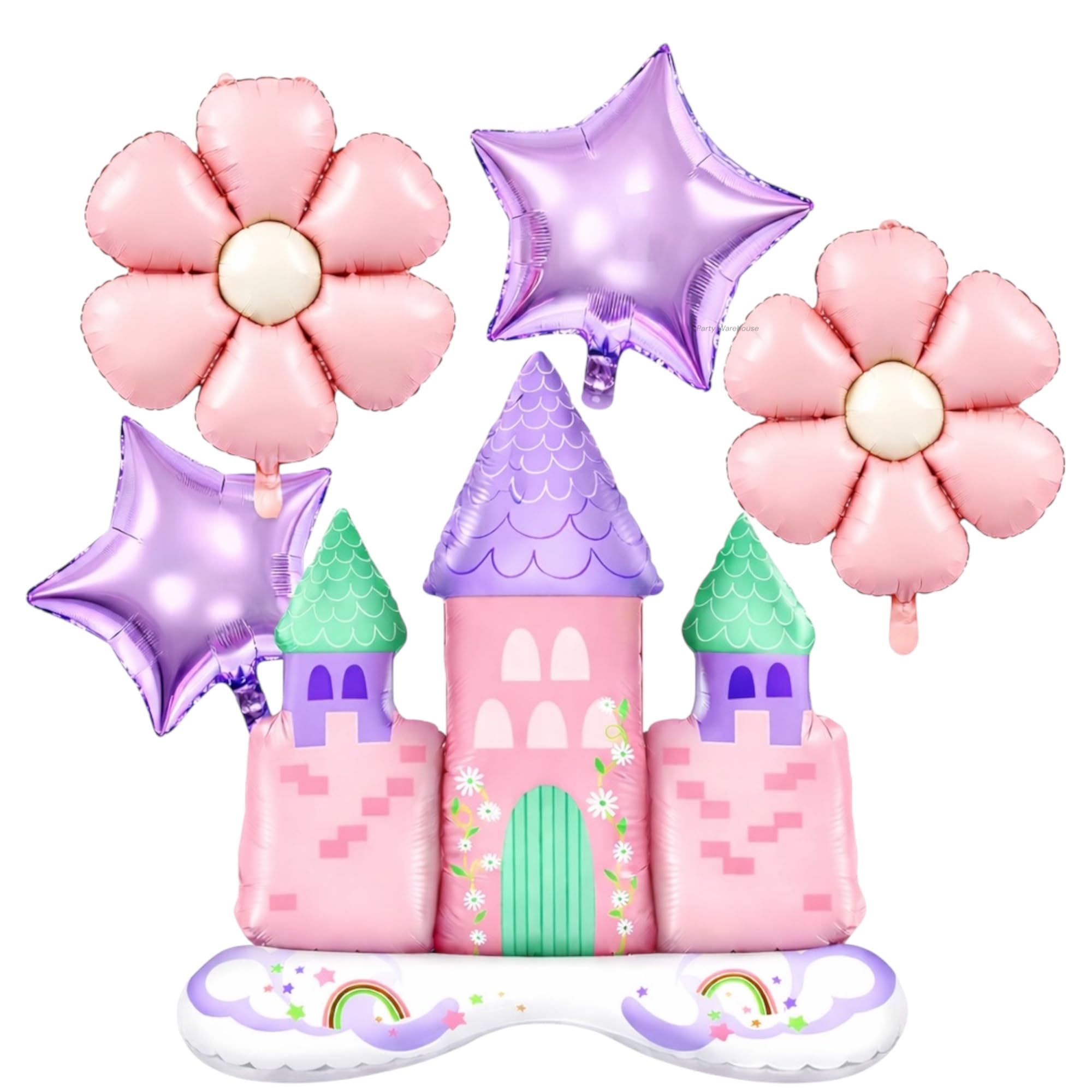 Party Warehouse Pastel XLPrincess Castle Foil Balloon Set |Princess Theme Birthday Balloons for Girls|Castle with flowers and star foil balloons|Kids Birthday,Fairy Tale Party & Princess Party-5 Pcs-image-2
