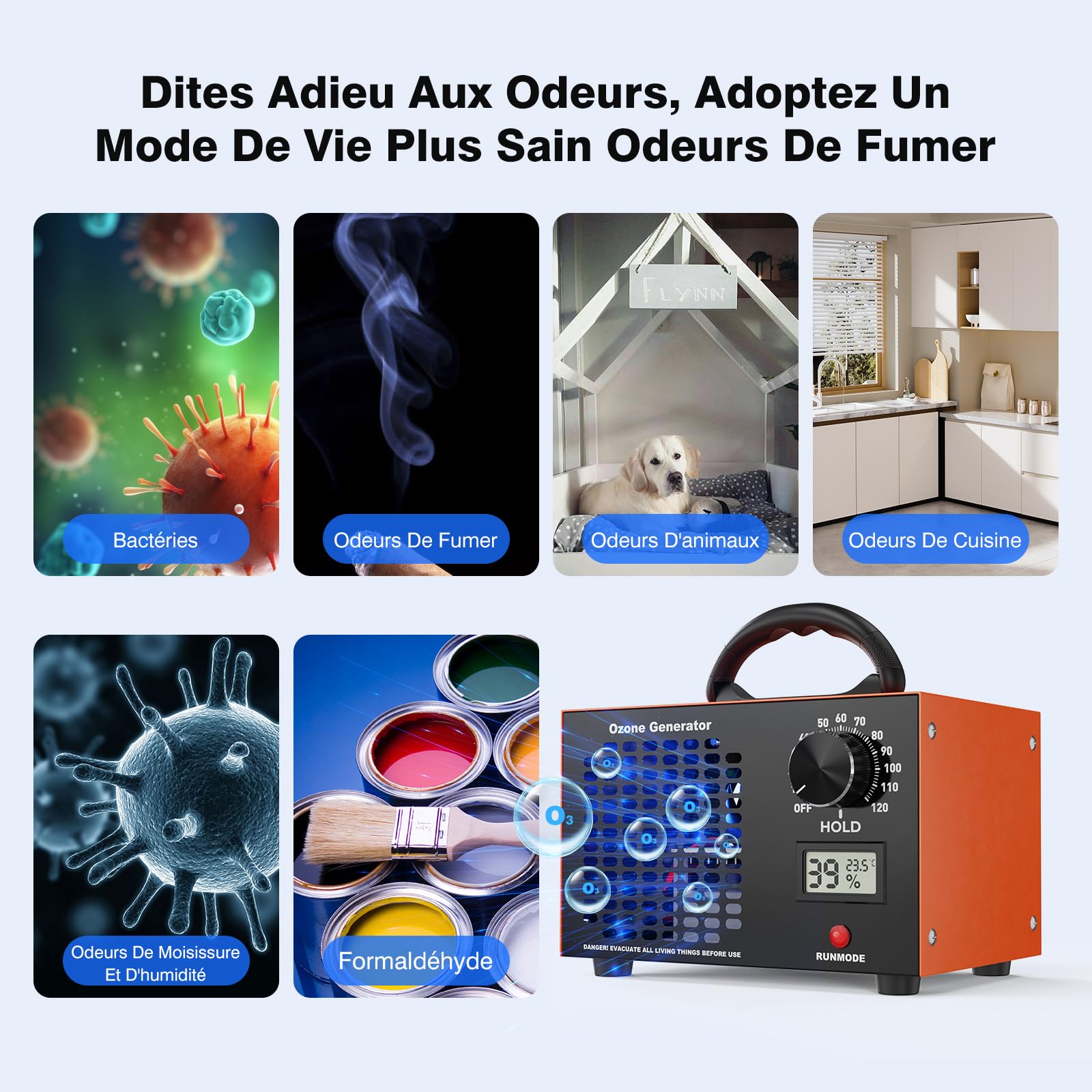 Générateur d'ozone 160 000 mg/g - Purificateur d'air 2 en 1, appareil à ozone avec indicateur de température et d'humidité, minuterie de 120 minutes, ozoniseur industriel O3 pour voiture, appartement