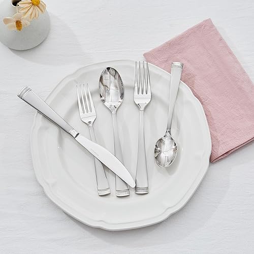 Miniatura 3 de KINGSTONE Juego de cubiertos de 65 piezas para 12, acero inoxidable 1810 con borde de cuentas, utensilios para cocina, hogar, fiesta, boda, pulido