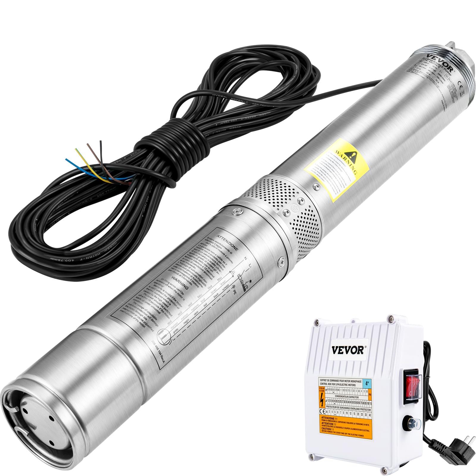 VEVOR Pompa Sommergibile d'Acqua 1100W Flusso max. 190 L/min per Piscina Giardino Orto in Acciaio Inox, Pompa Sommersa per Pozzi Profondi Prevalenza max. 57 m con Scatola Controllo Esterna Cavo 20 m