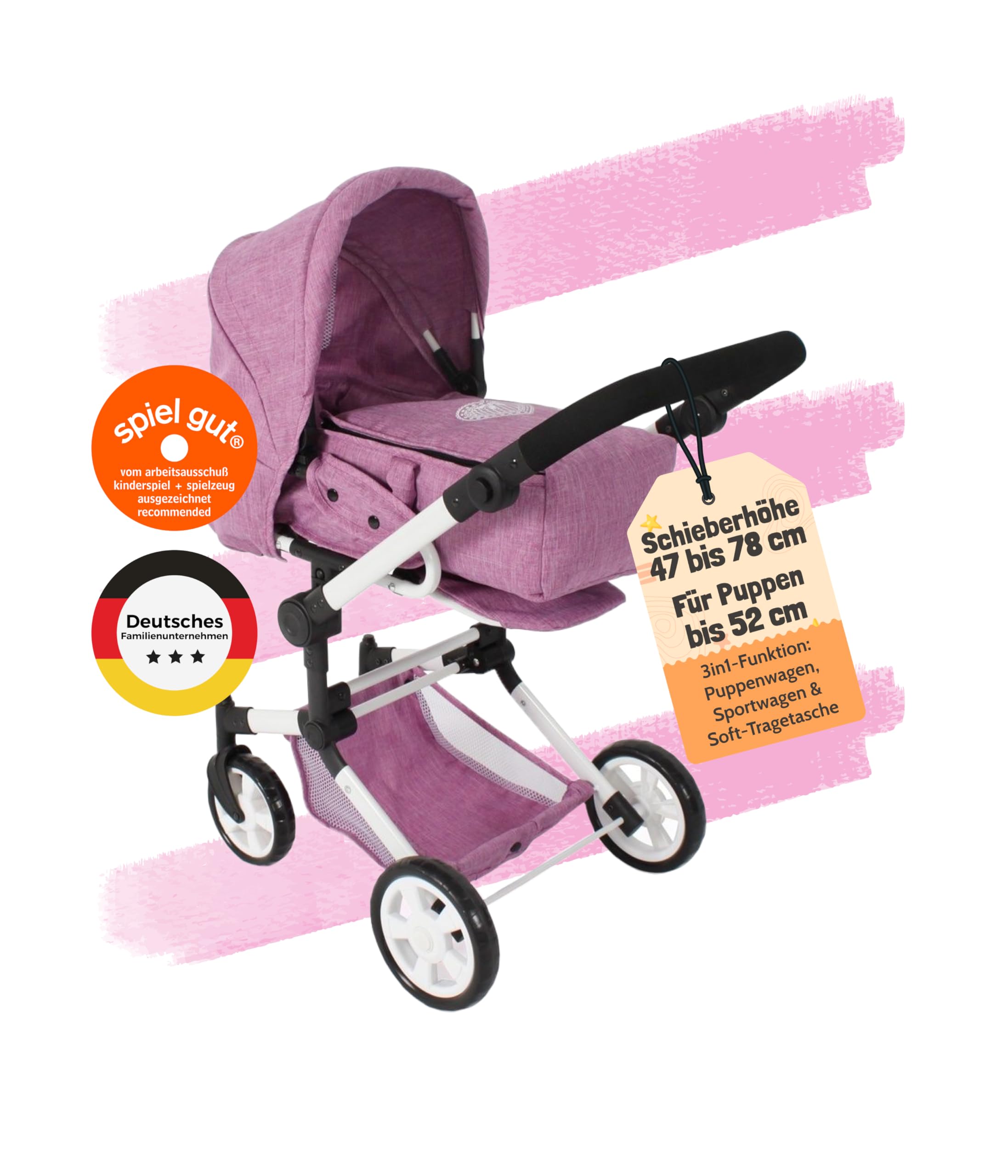 Bayer Chic 2000® wózek dla lalek Jara 3 w 1, różowy, składany, uchwyt z regulacją wysokości 47-78 cm, torba transportowa, lalki do 52 cm, 4-8 J.