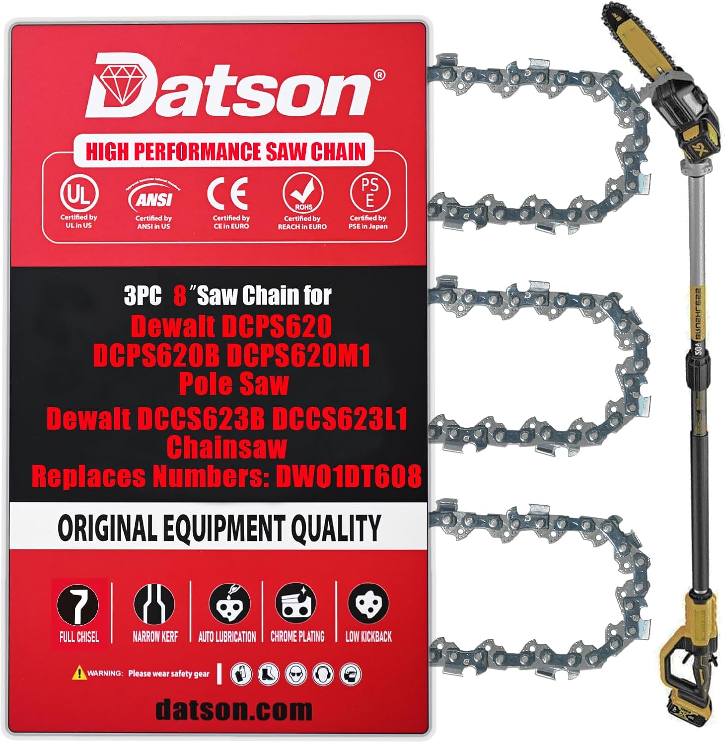 3PC 8 Inch Pole Saw Chain for Dewalt DCPS620B DCPS620M1 Chainsaw, 8" Chain DCCS623B DCCS623L1,8 Inch DeWalt Pole Saw Chain for DCPS620,Craftsman CMZCSC8, Troy-Bilt 753-05592 & More