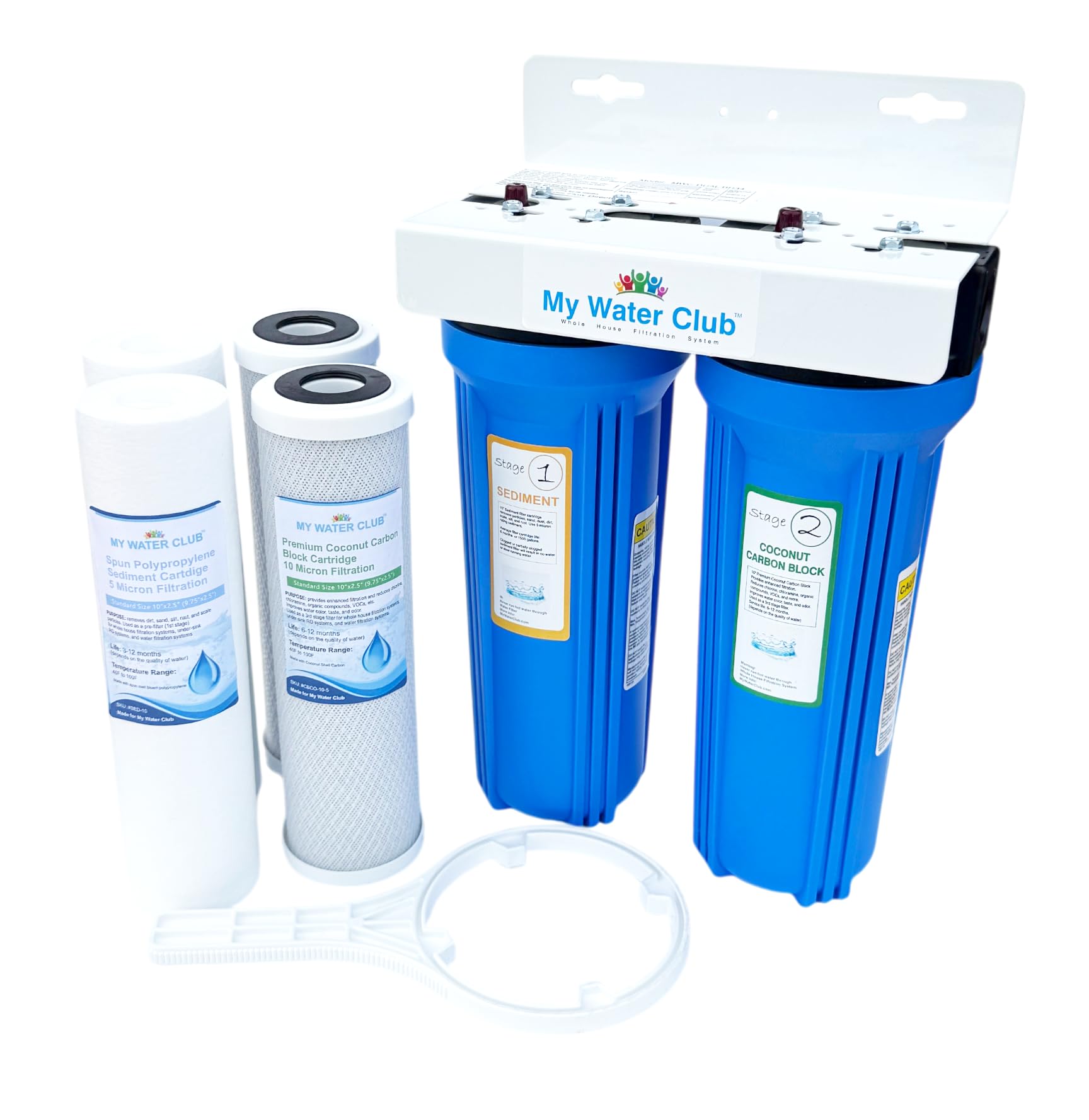 MyWaterClub 2-Stage (Dual Stage) Whole House Water Filtration System, 3/4" Inlet/Outlet, with an Extra Set of Replacement cartridges (Blue Housing