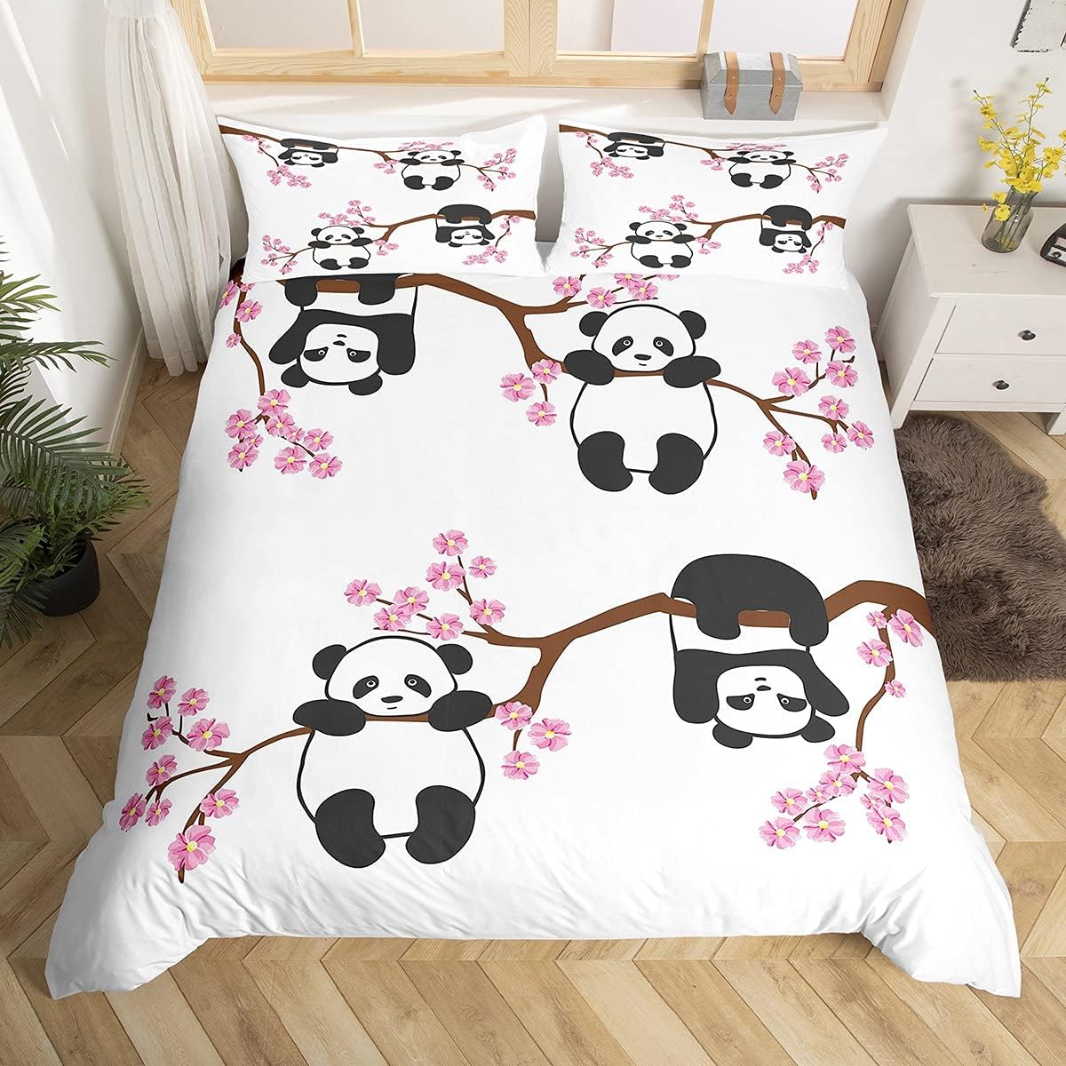 Feelyou Cute Panda Duvet Cover Set for Girls Boys Children Cartoon Giant Panda Bedding Set Cherry Blossoms Decor Comforter Cover Lover Animal Quilt Cover Bedroom Collection 2Pcs Twin Size