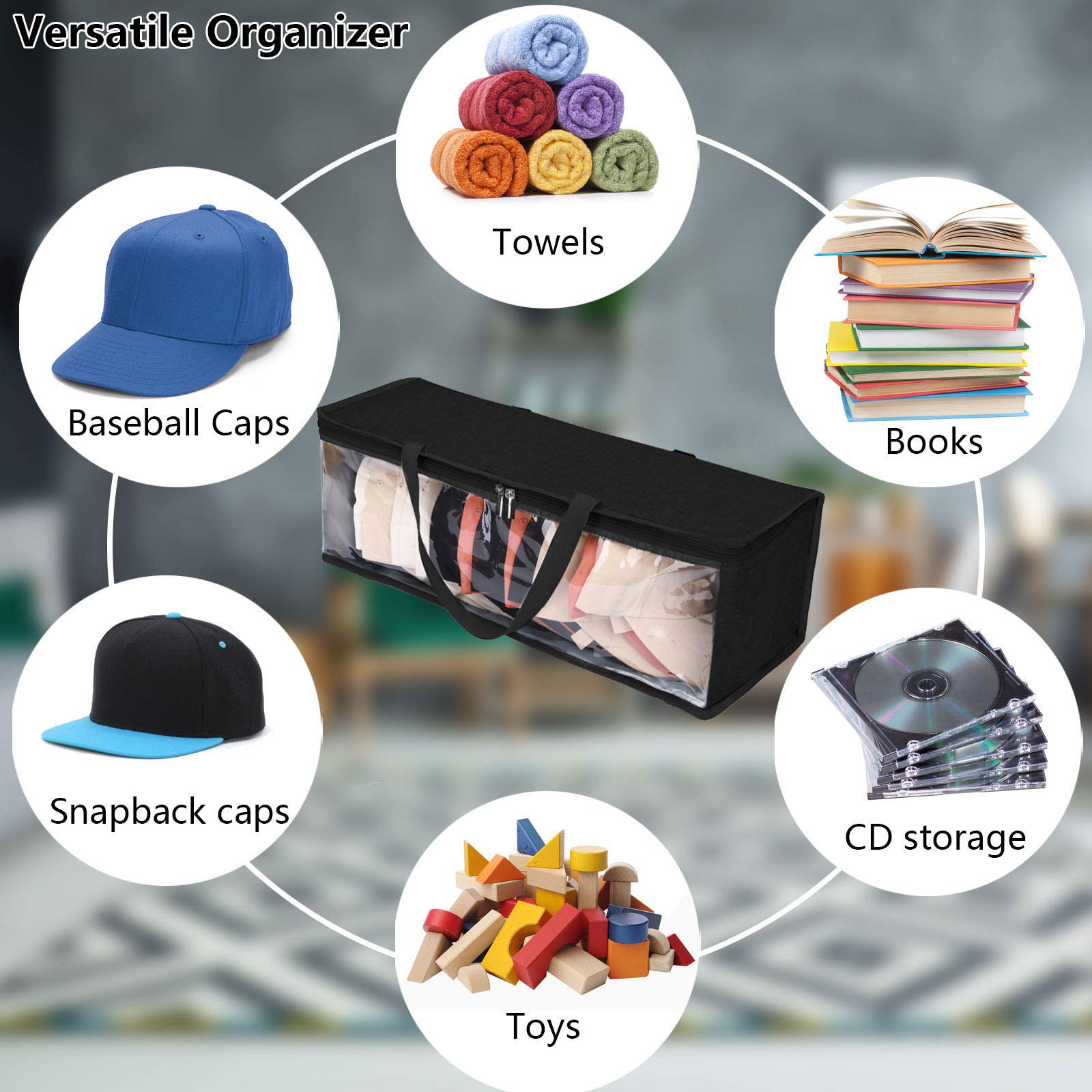 Rangement pour casquettes de baseball, sac de rangement pour casquettes de baseball, plastique transparent, résistant à la poussière, 53.1 cm (L)x16.3 cm (l)x19 cm (H) (Noir)