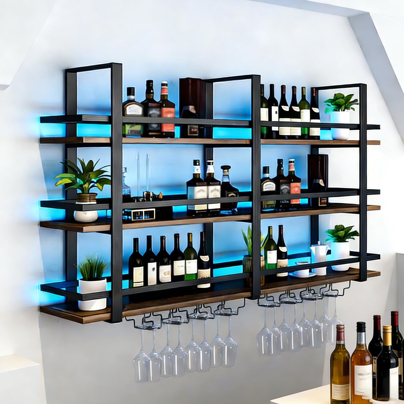 Portabottiglie da Parete con luci a LED, Ripiani Espositivi Galleggianti in Metallo a 3 Livelli per Liquori, con Portabicchieri, Portabottiglie da Parete Industriale, per Bar, Cucina (Black, 140cm)