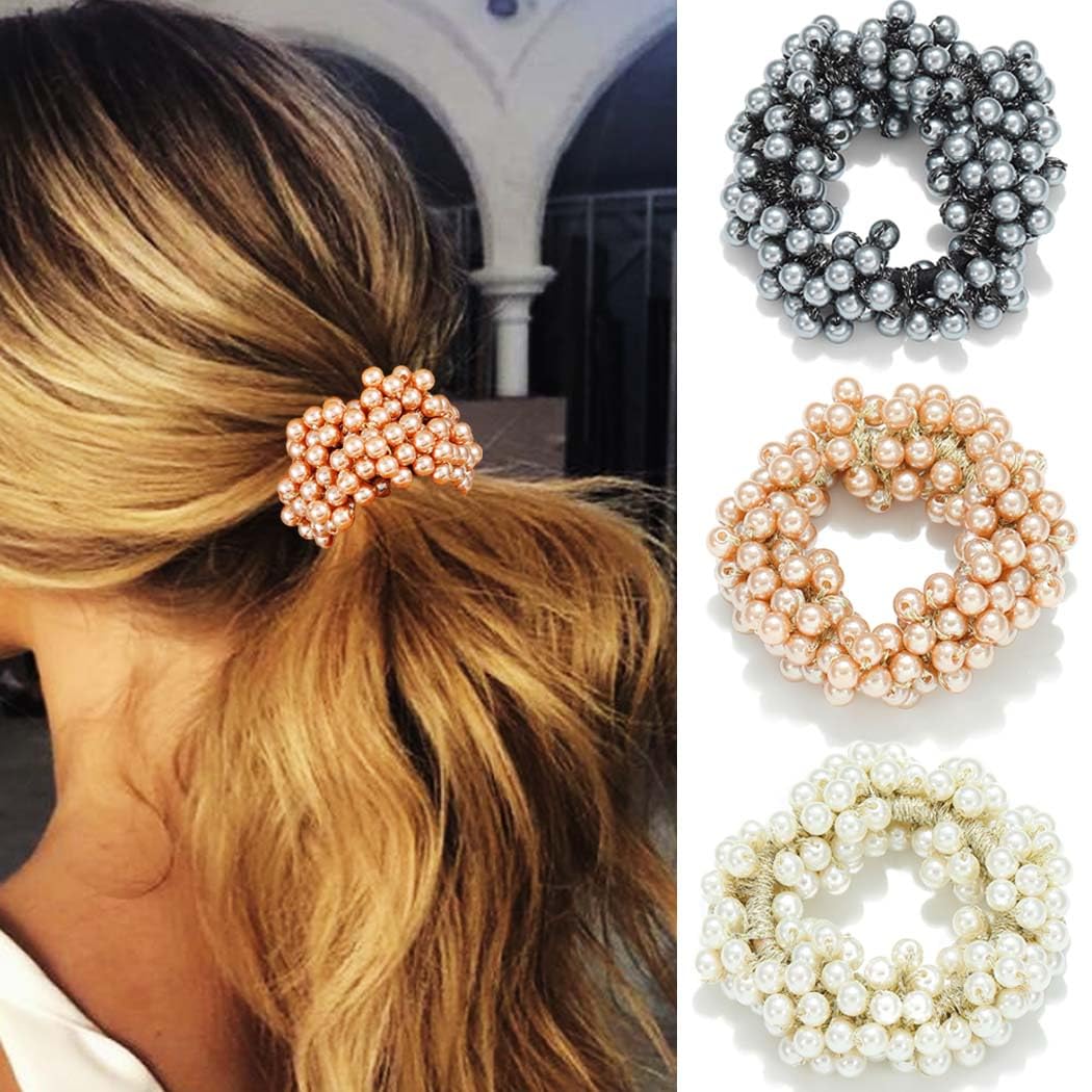 Reaky Pearl Hair Ties Beige Elastic Ponytail Holders Beaded Scrunchies 3 Pcs Stretchy Accessories for Women
