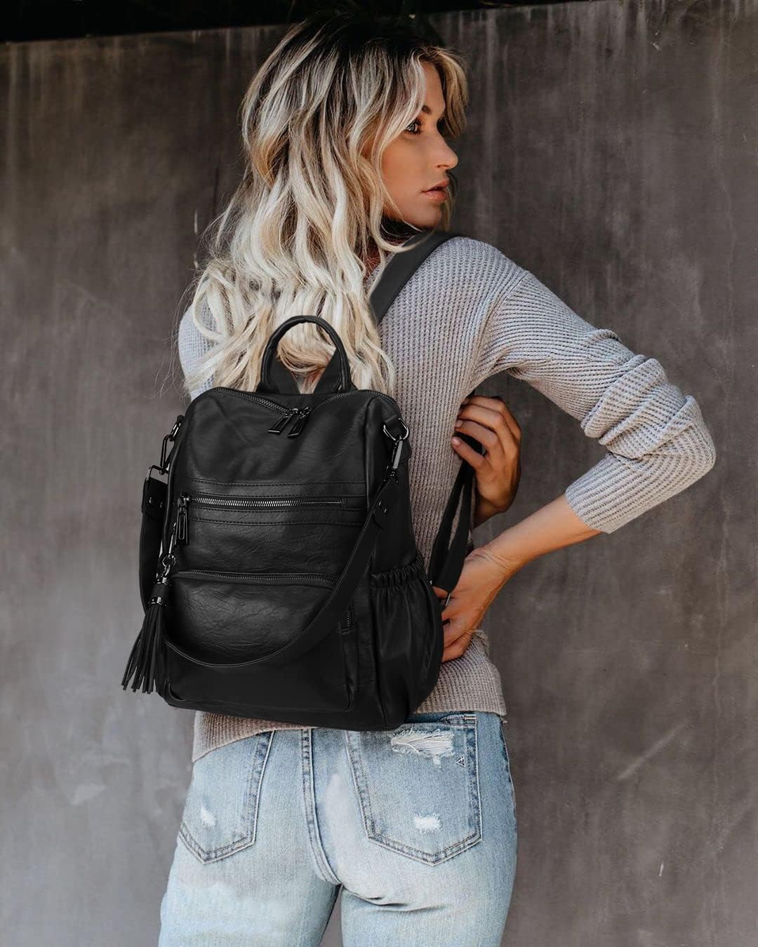 Uromee Travel Backpack Purse for Women Vegan Leather Ladies Fashion Tassel Shoulder Bag Convertible 0243 Black A - Image 2