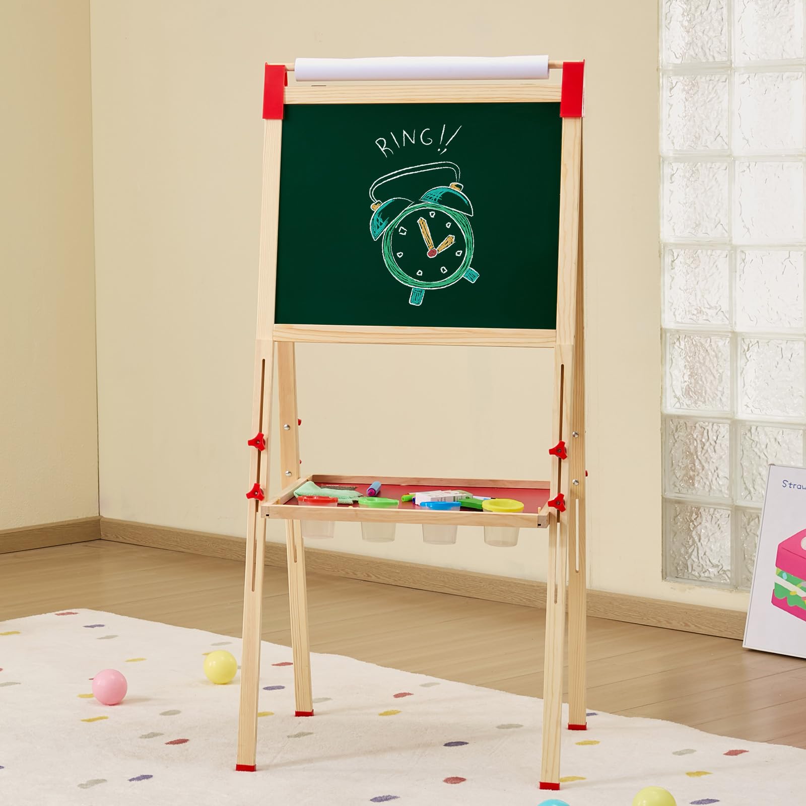 VEVOR 3 en 1 Caballete de Arte Caballete de Madera de Doble Cara para Niños con Pizarra Magnética, Pizarra y Rollo de Papel, Tablero de Dibujo Ajustable con Accesorios de Pintura para Niños