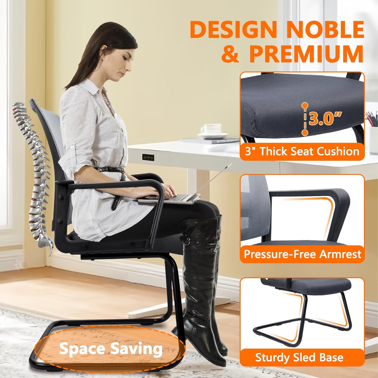 CLATINA Office Guest Chair with Lumbar Support and Mid Back Mesh Space Air Grid Series for Reception Conference Room (Gray-4 Pack)