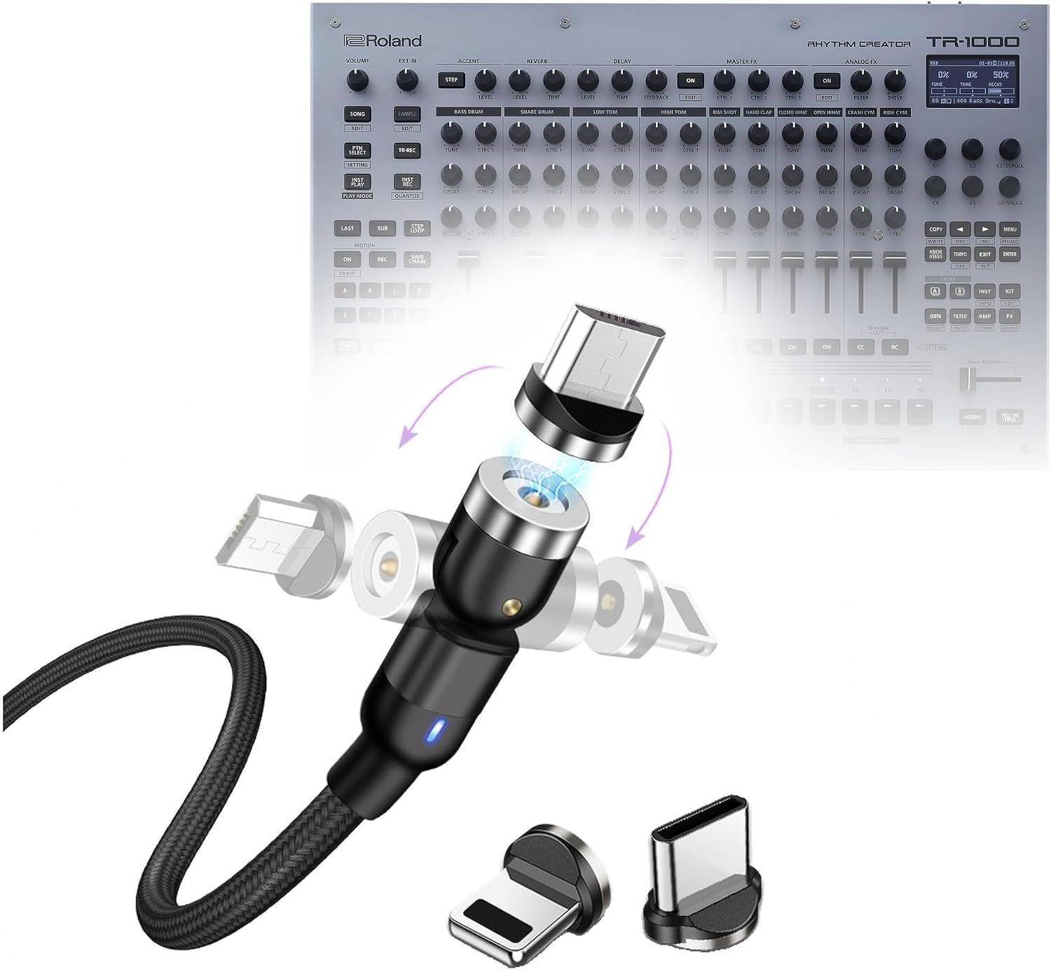 BoxWave Cable Compatible with Roland TR-1000 Rhythm Creator - MagnetoSnap AllCharge Cable, Magnet Charging Cable USB Type-C Micro USB - Jet Black