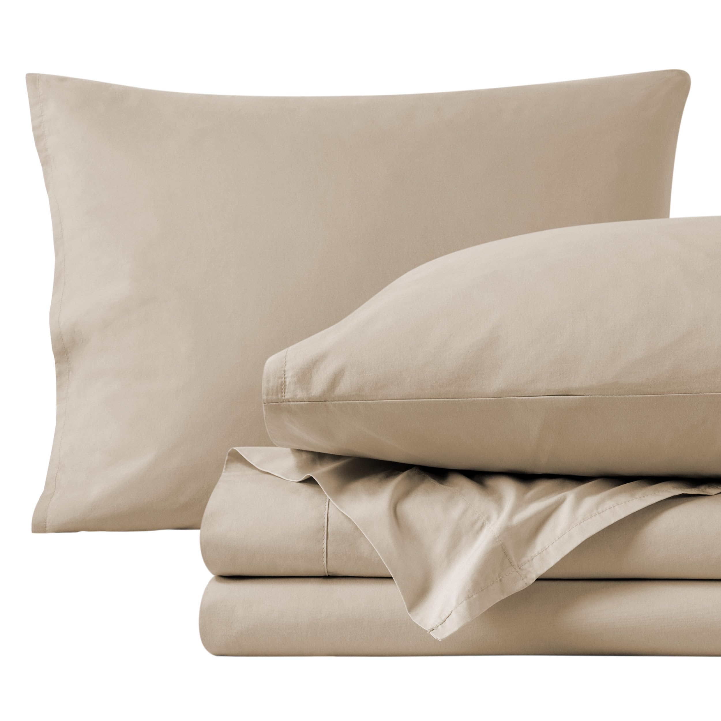 Bare Home 100% Organic Cotton Queen Sheet Set - Crisp Percale Weave - Cool, Breathable, and Hypoallergenic - Bedding Sheets & Pillowcases - Luxury Hotel Sheet Set (Queen, French Beige)