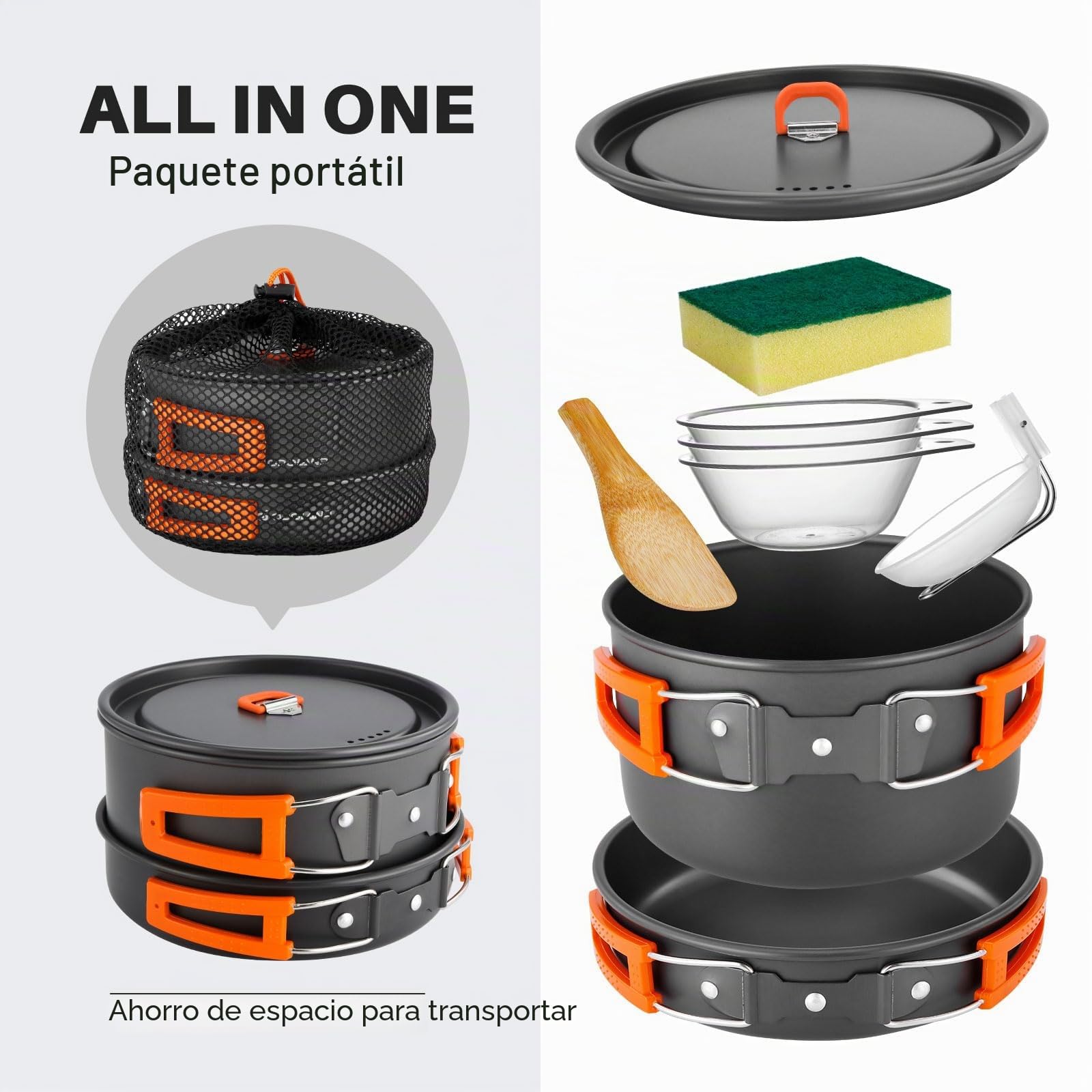 Odoland Utensilios de Cocina para Camping para 1-3 Personas, Ollas de Camping y Sartén, para Camping Senderismo Excursiones Cocina Outdoor y Picnics, L Olla 2.9L+ Sartén 0.9L
