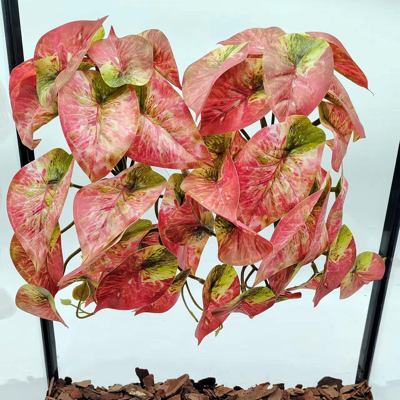 KERUIDENG 2 Pack Reptile Plants for Terrarium Decor, Amphibian Habitat Decor, Reptile Tank Accessories, Artificial Hanging Plants with Suction Cup (Red Arrowhead)