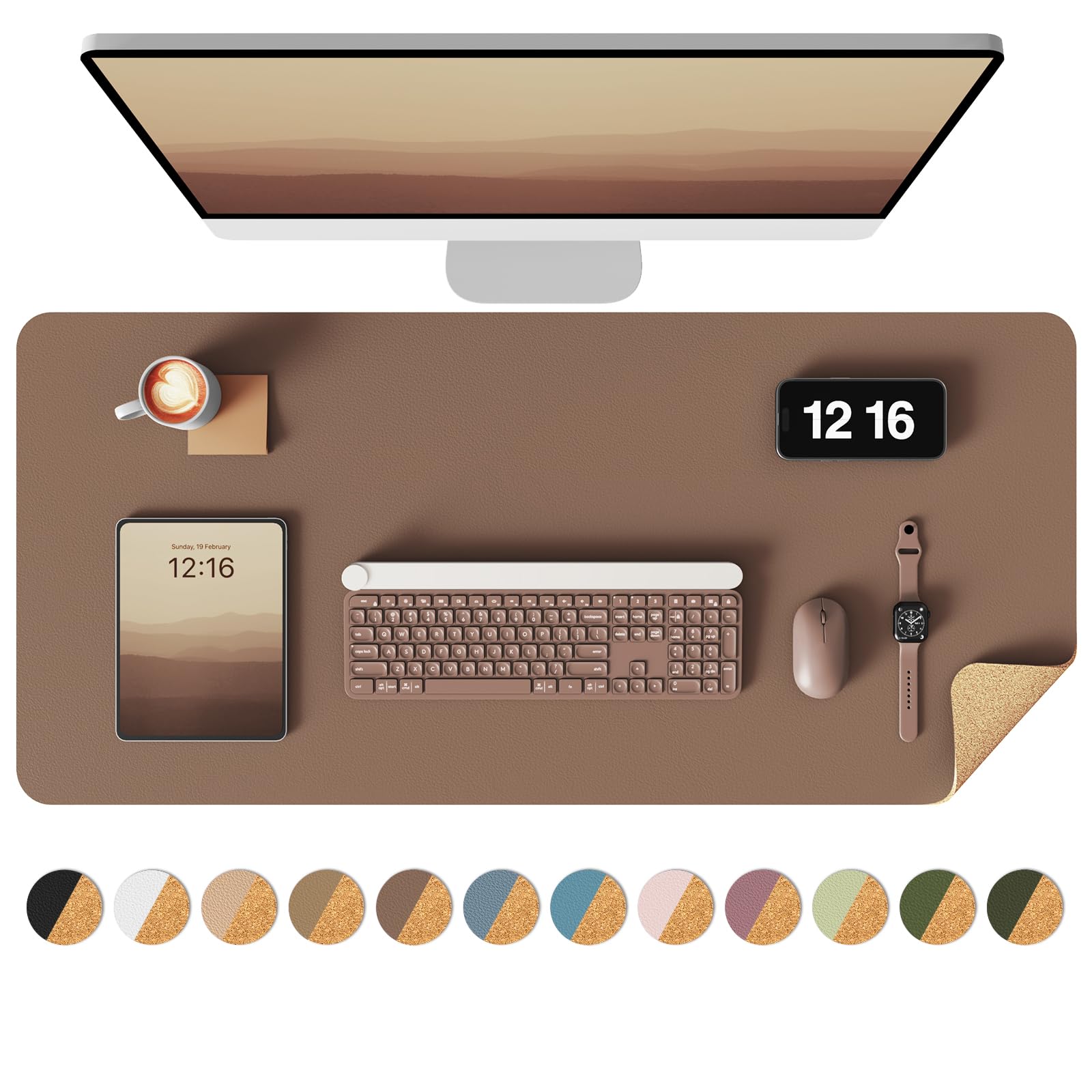 YSAGi Double-Sided Desk Pad, 35.4"x17"Leather Desk Mat, Eco Cork Desk Pad Protector,Large Mouse Pad,Waterproof Desk Blotter for Office/Home(Coffee) Coffee+cork 35.4"x17"
