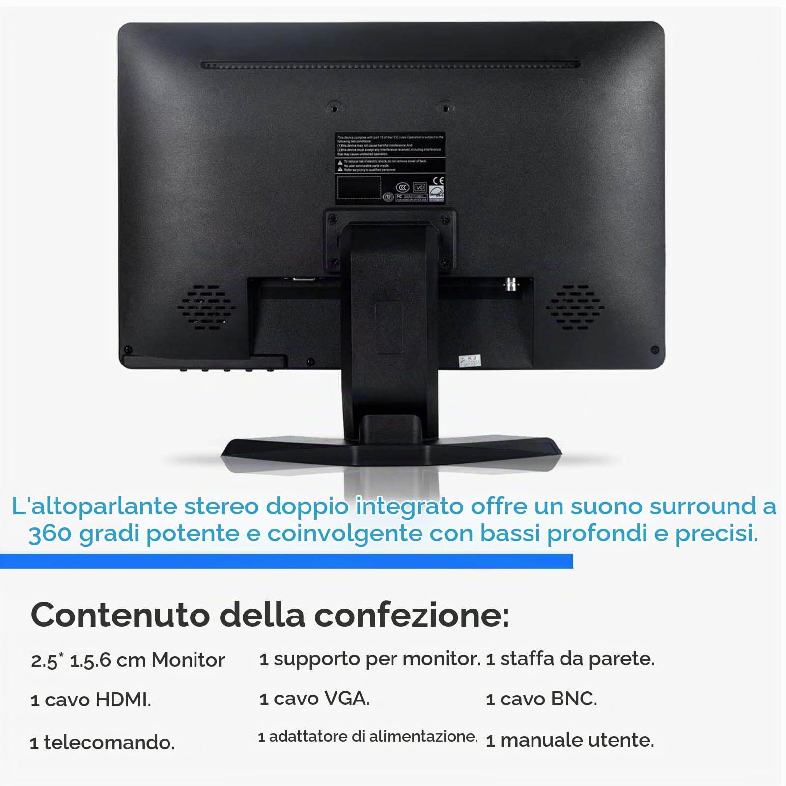 JaiHo Monitor 15.6 Pollici 1080P LED Schermo (1920x1080) - Monitor Desktop FHD 1080p 60Hz, Incorporato Altoparlanti, per PC, CCTV, Telecamera di sicurezza, Nero