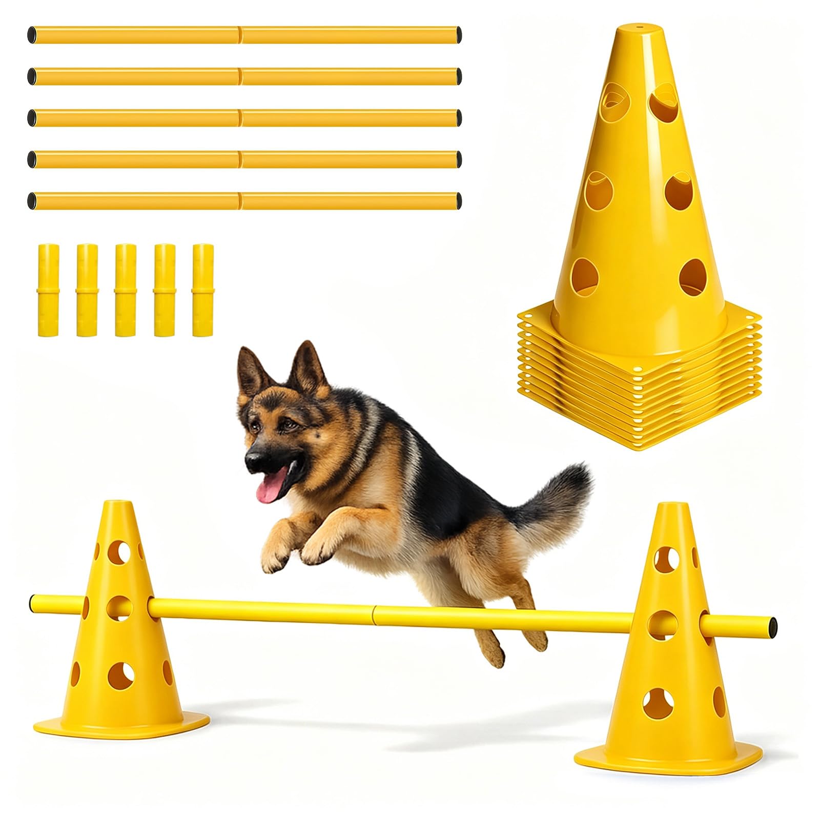 Agility Set Hunde – 10 Kegel + 5 Stangen, 23 cm Höhe, Cavaletti Hund für Koordinationstraining, Hunde Agility Set vielseitig einsetzbar, auch für Hobby Horse Parcours