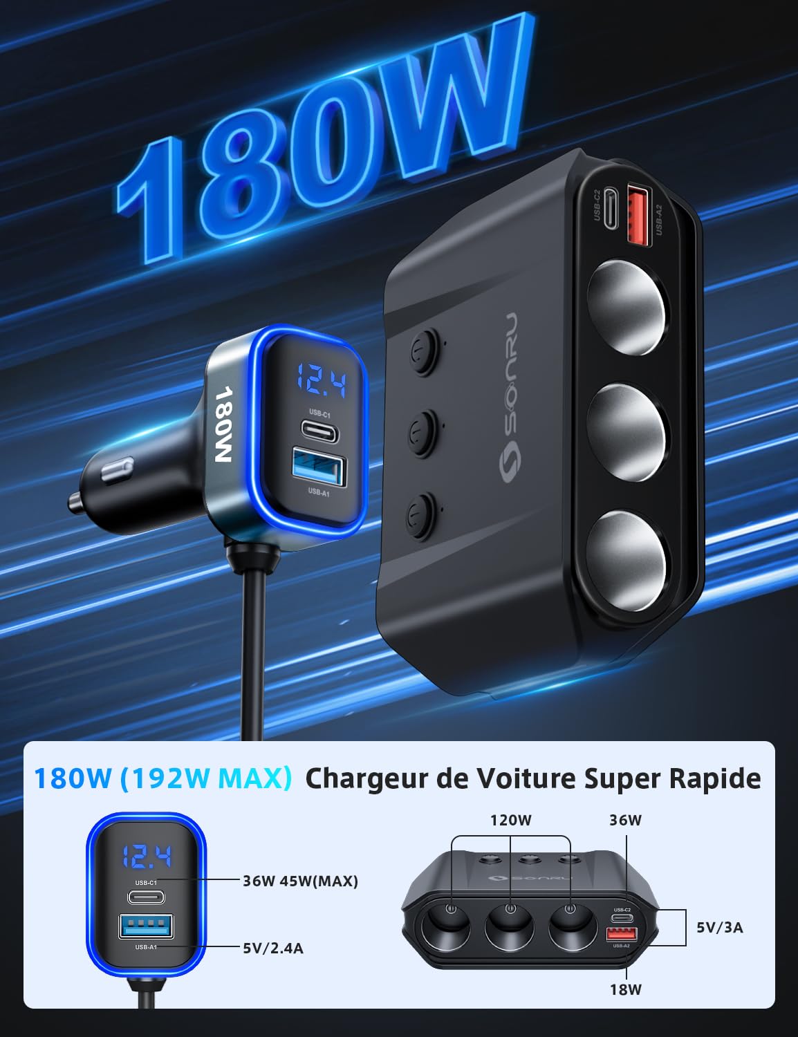 SONRU 7-en-1 Multi Prise Chargeur Allume Cigare, 180W【Dual PD & Quick Charge 3.0】 12V/24V Chargeur Voiture USB, Charge Rapide Chargeur, Affichage du Tension par LED pour Tablette/Phone/GPS