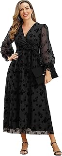 Women Floral Embroidered Maxi Dress Long Puff Sleeve Tulle Prom Dresses Belt V Neck Lantern Long Sleeve Homecoming Dresses - Buy now