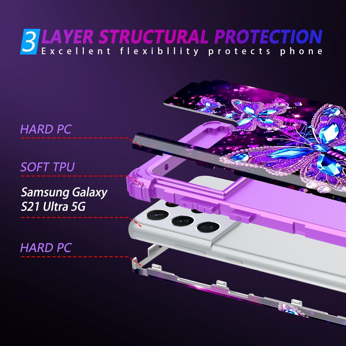 Miqala for Galaxy S21 Ultra 5G Case,Glow in The Dark Three Layer Heavy Duty Shockproof Full Body Protection Hard Plastic Bumper+Soft Silicone Case for Samsung Galaxy S21 Ultra 6.8 inch,Dark - Image 5