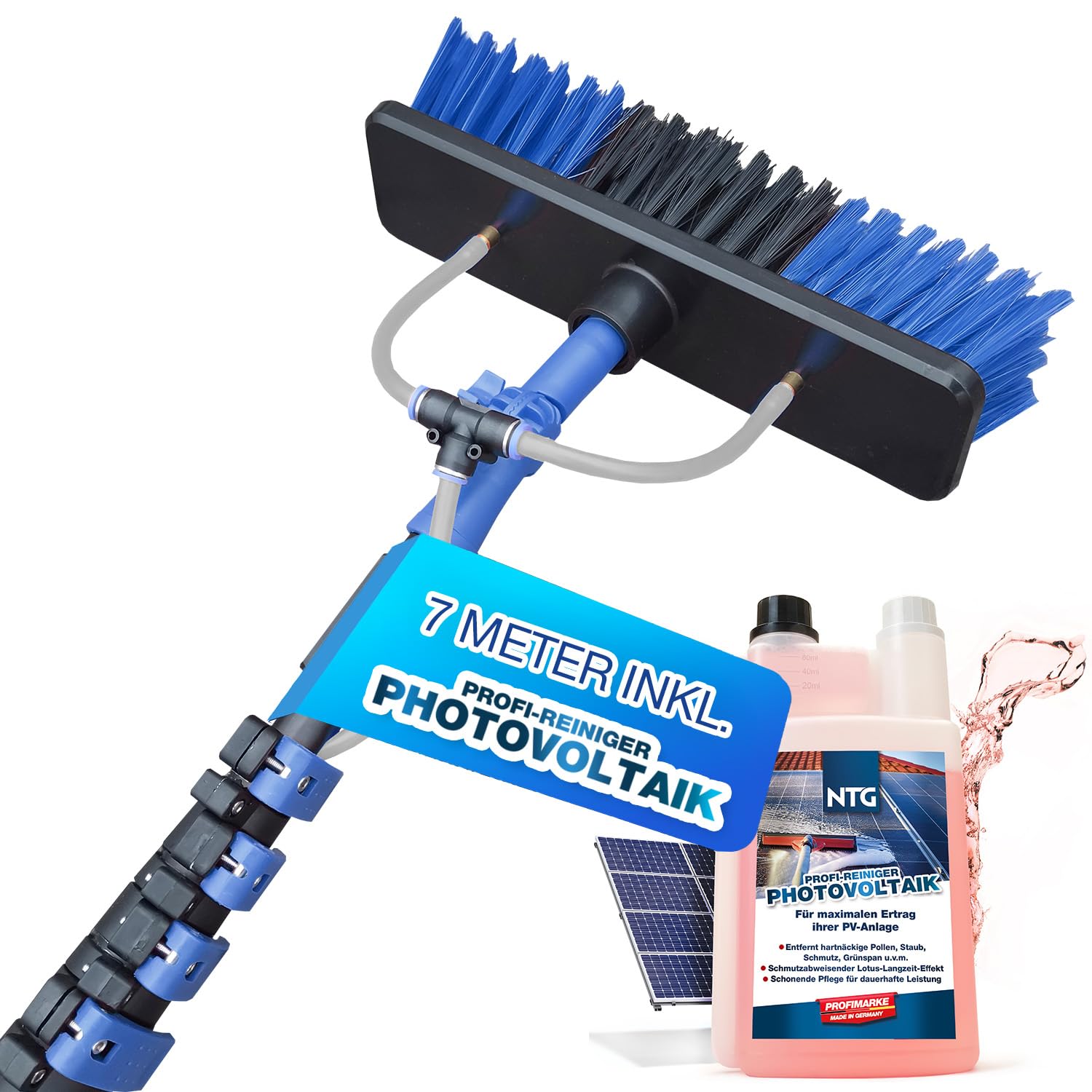 Brosse de Lavage télescopique NTG pour Le Nettoyage des installations solaires et des fenêtres| Version 4,6 mètres ou 7 mètres | avec raccordement à l'eau et Distributeur de Savon