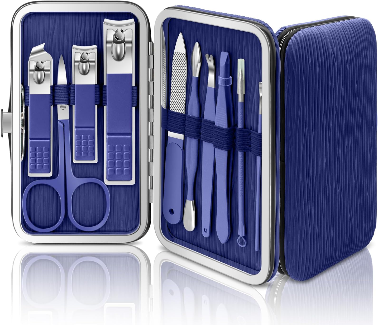 BLESWIN Nail Kit Manicure Set, 10 in 1 Professional Manicure and Pedicure Set, Nail Care Kit for Women, Mens Nail Grooming Kit, Portable Manicure Set Blue Leather Case for Travel Home