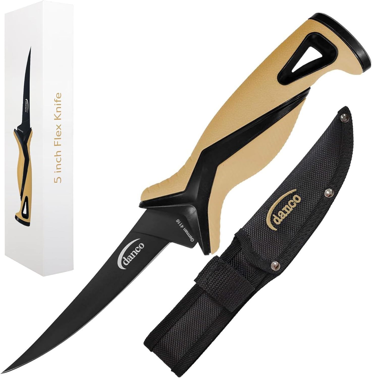 danco Pro Series 5" Fillet Knife | Full Tang German G4116 Stainless-Steel Blades with Teflon Coating, Molded Nylon Sheath, Perfect for Saltwater Fishing & Hunting
