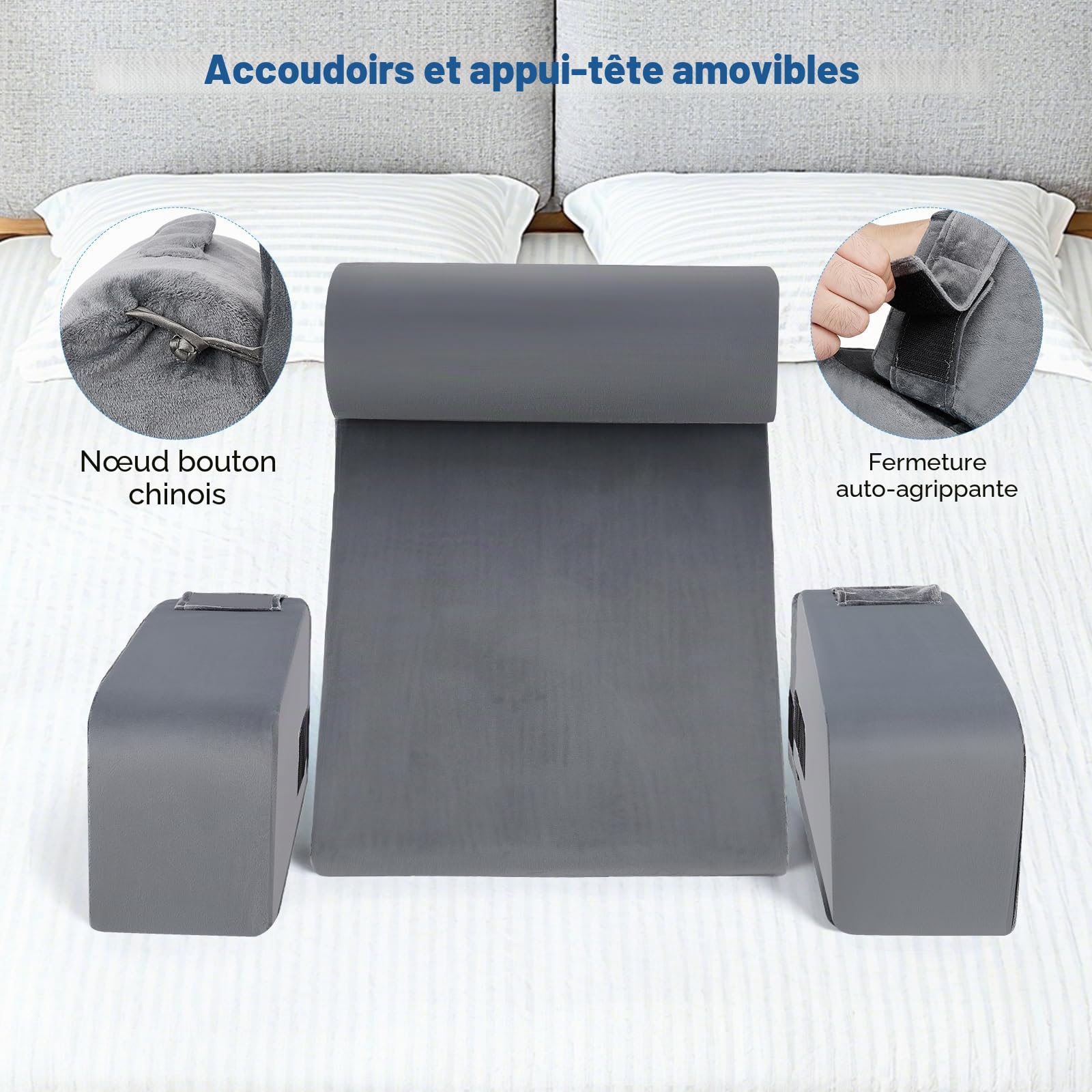 Coussin de lecture ergonomique avec appui-tête et accoudoirs amovibles, support dorsal pour lit, canapé, sol, réglable pour la lecture, le travail et la détente