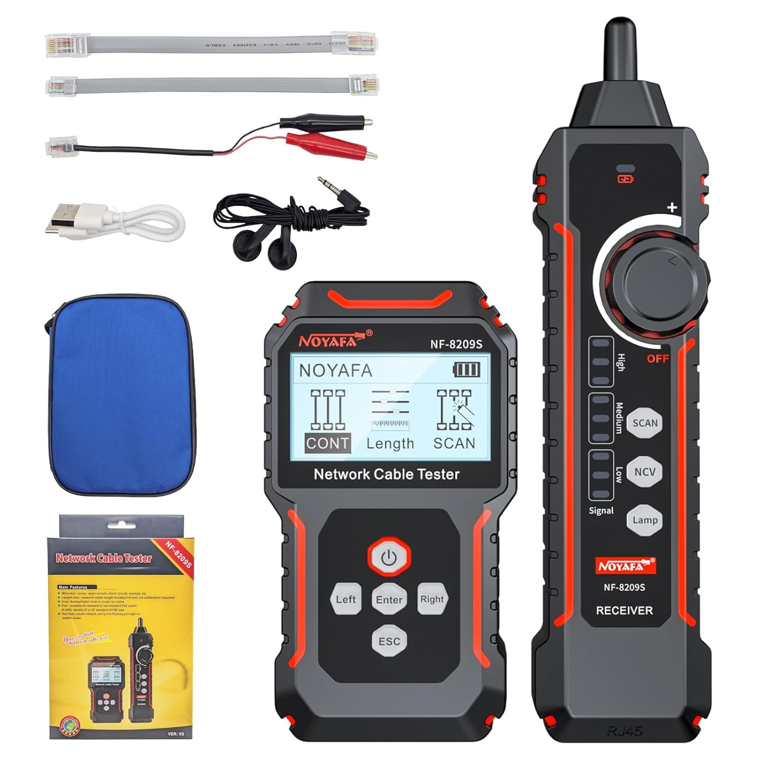 Network Cable Tester NF-8209S, Wire Tracer with PoE and NCV, Cable Length QC SCAN Cont Flash Tester, LAN/Ethernet Tester for CAT5, CAT6, Lithium Battery, LED Lighting