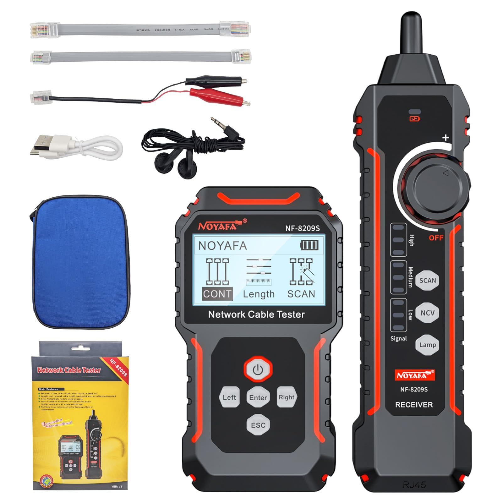 Network Cable Tester NF-8209S, Wire Tracer with PoE and NCV, Cable Length QC SCAN Cont Flash Tester, LAN/Ethernet Tester for CAT5, CAT6, Lithium