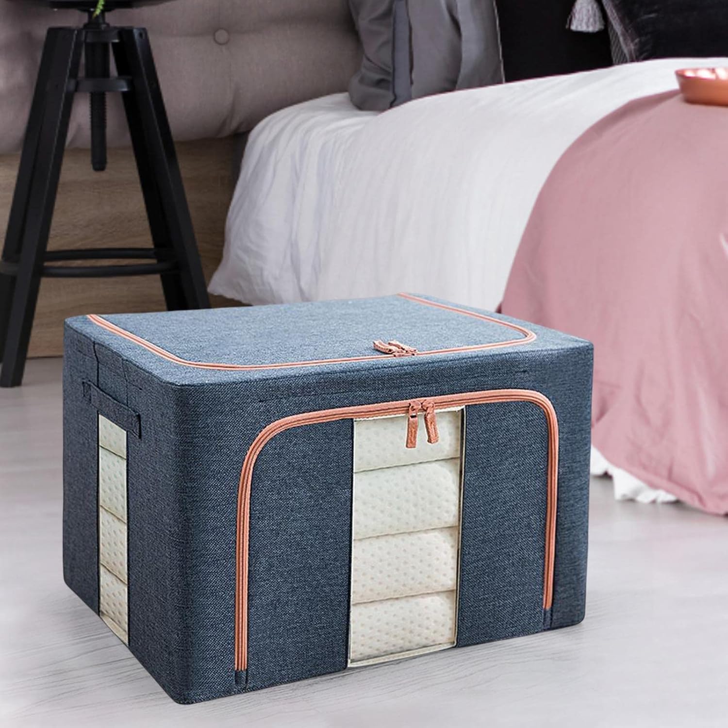 Foldable Clothes Storage Bag, 66L Sturdy Zipper Clear Window Reinforced Container for Bedding Clothing Toys (Navy)