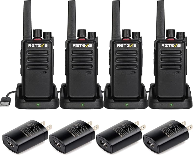 Walkie Talkies RT68 para adultos, radio bidireccional FRS portátil (paquete de 4) | A prueba de salpicaduras y resistente a la intemperie, potente parlante de 500 mW, batería de 1200 mAh, listo para usar, sin licencia, carga USB-C