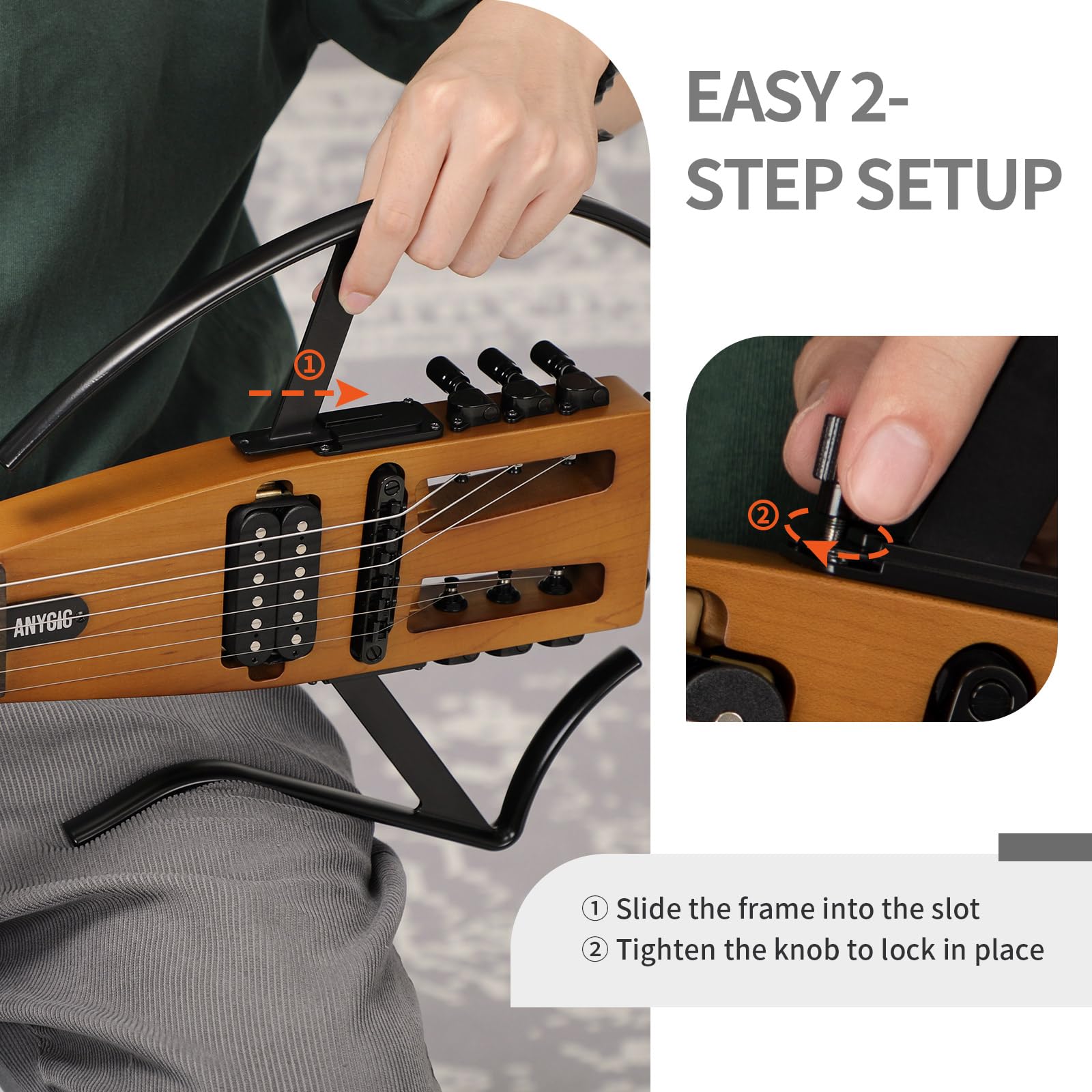 Reise E Gitarre, Kopflose Gitarre – Volle Größe, ultraleicht (wiegt nur 1,8 kg), 100 % Ahorn, digitales Stimmgerät, Gitarrentasche, Ständer, geeignet für Linkshänder und Rechtshänder, Braun