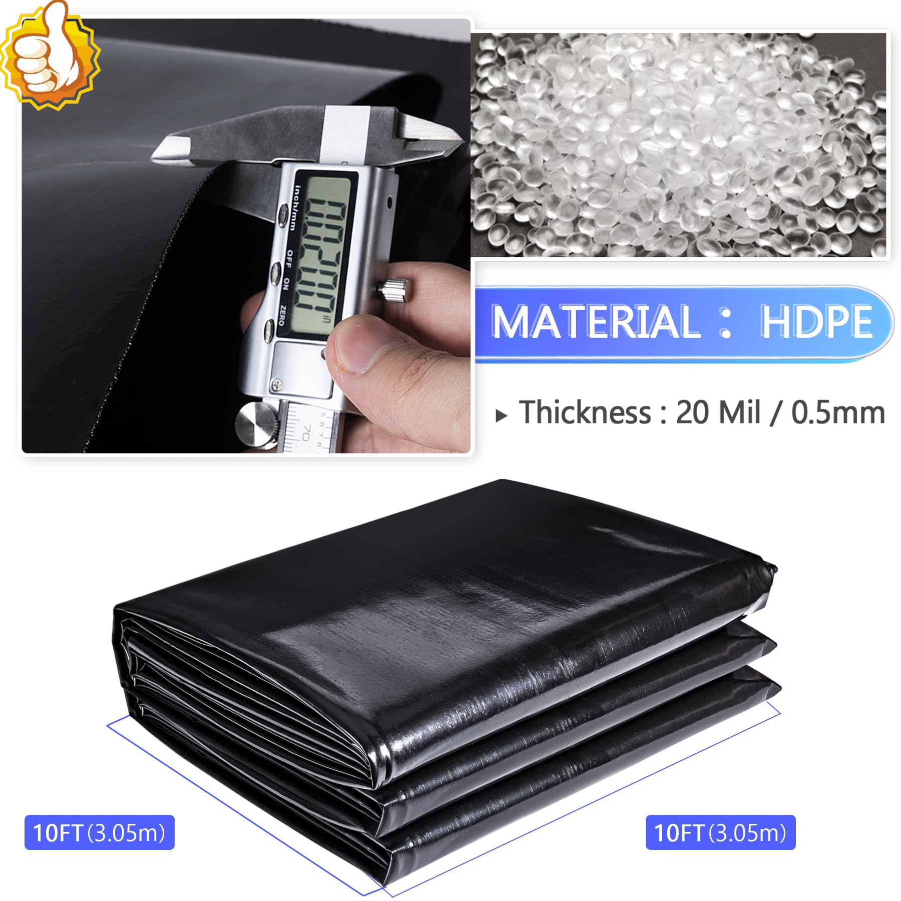 ToLanbbt Pond Liner - Revestimiento de estanque de polietileno de alta densidad de 10 x 10 pies, resistente a los rayos UV, preformado, fácil de cortar, revestimiento de estanque para estanques de