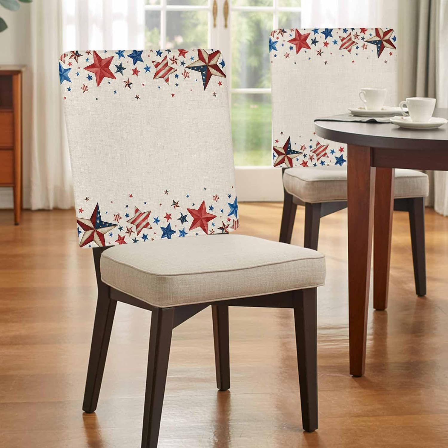 6Pack Dining Room Chair Back Covers 4th of July Red Blue Star Stretch Spandex Chair Cover Washable Slipcovers, Independence Day USA Flag Retro Linen Removable Furniture Protectors for Kitchen Party