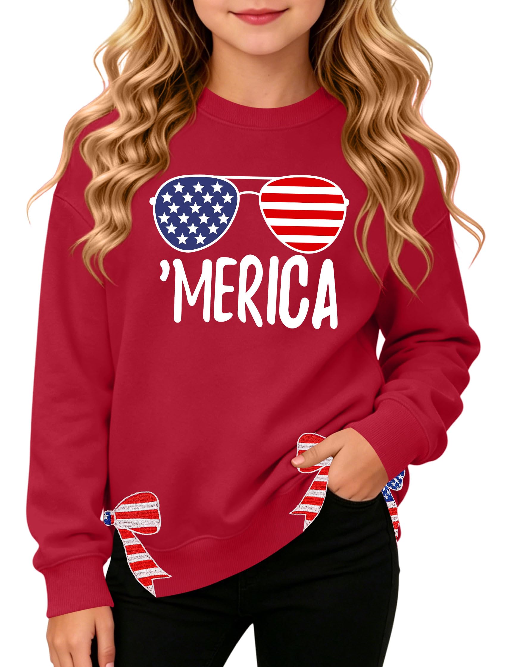 Ithalt Kids USA Sweatshirt Boys Girls 4th of July Shirt American Patriotic Pullover with Embroidered Side Slits 5-14y