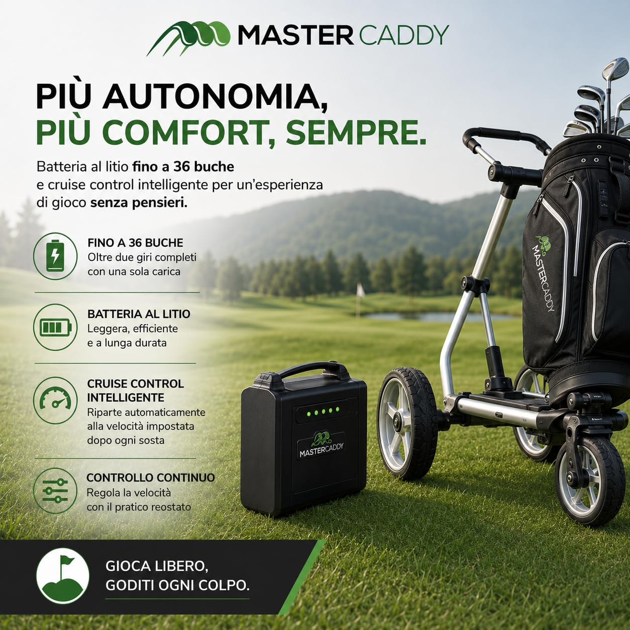Master Caddy – Chariot de Golf Basic “Remote Litio” avec télécommande (Batterie au lithium 12V, Moteurs tubulaires)