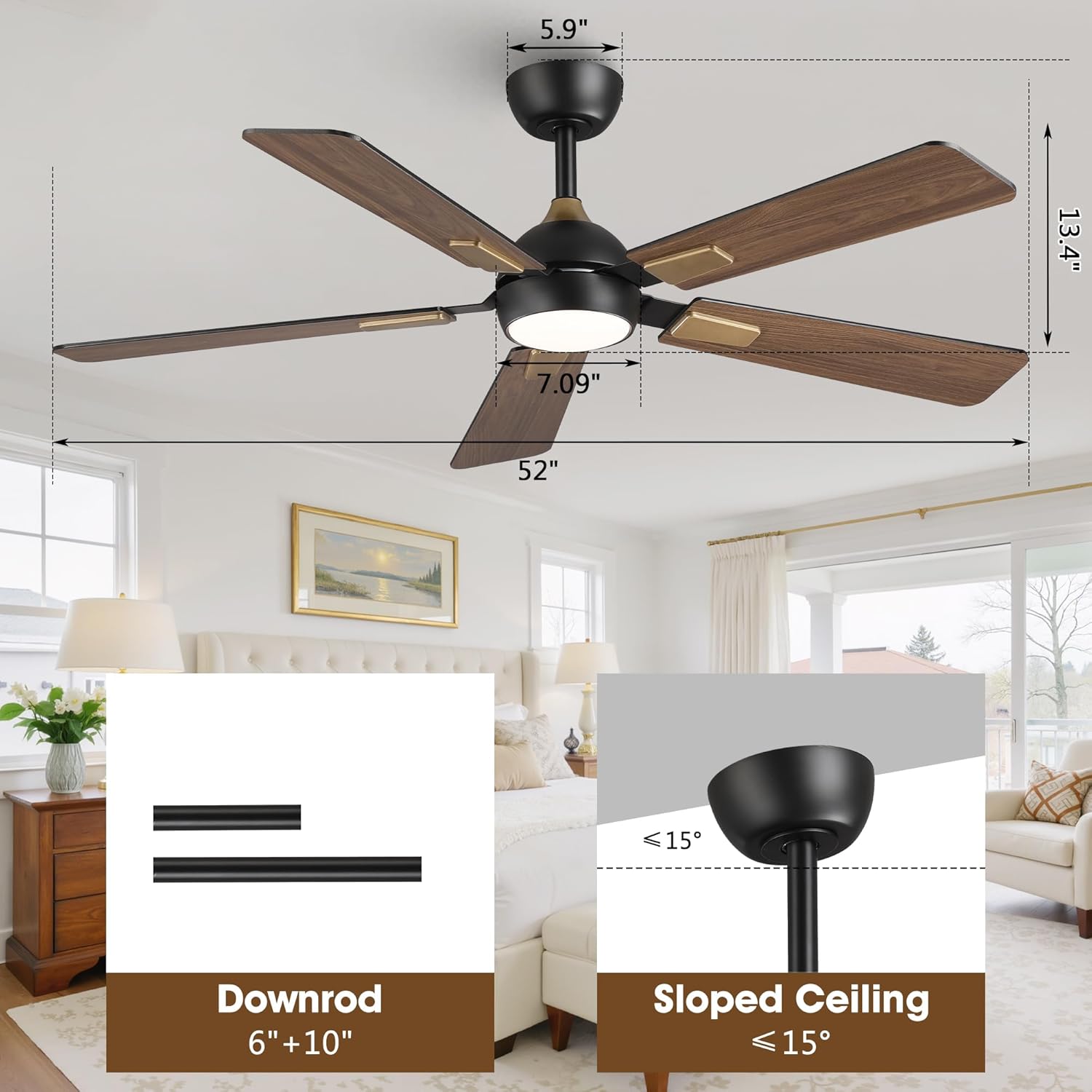 52 Inch Ceiling Fan with Lights and Remote, DC Motor Quiet 6-Speed Reversible Fan, Dimmable LED 3000K/4000K/6000K, Smart APP Control, Modern Black & Gold Ceiling Fan for Bedroom Living Room