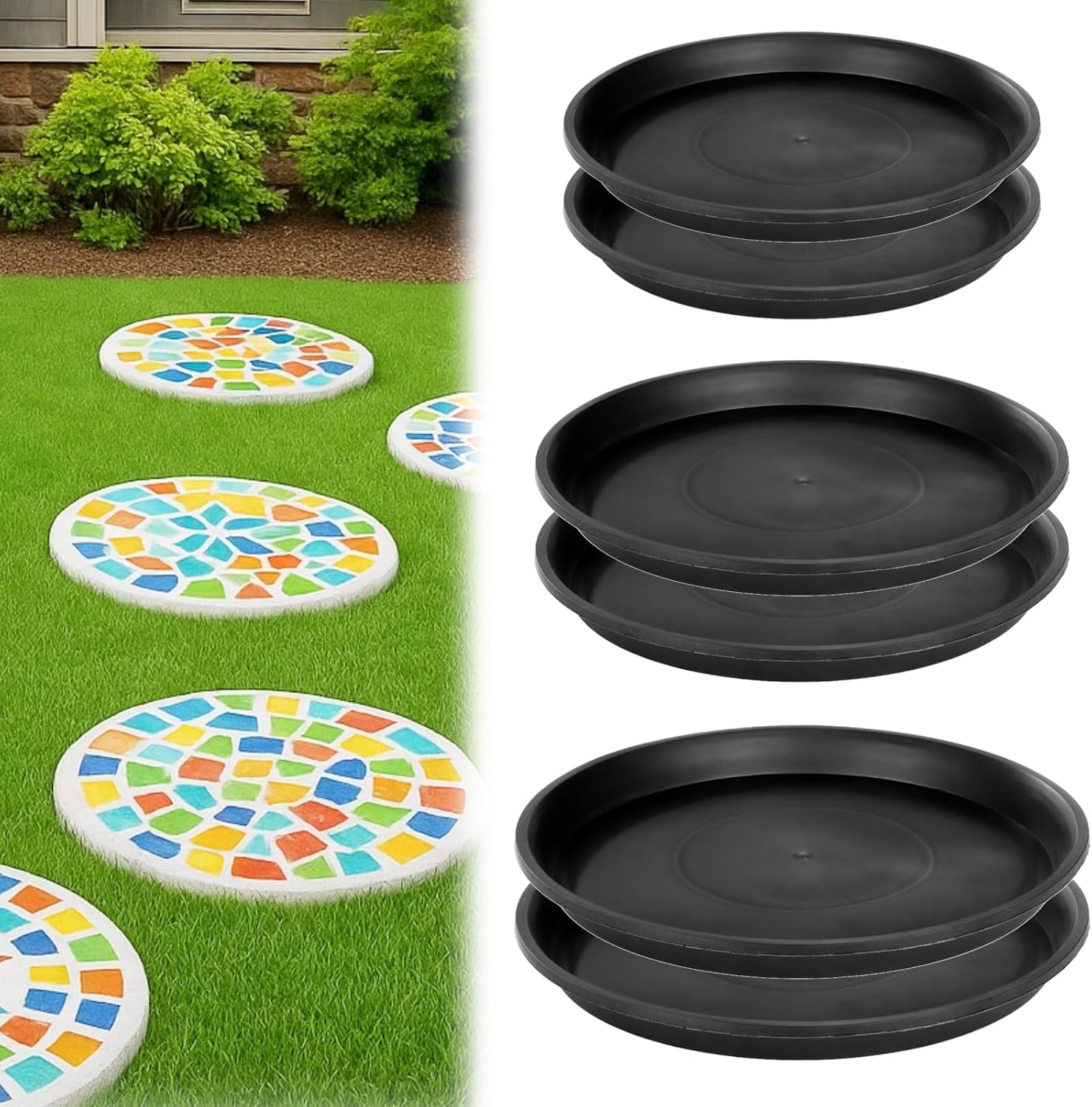 Stepping Stone Molds Set of 6, Round Plant Saucer Drip Trays, Black Plastic, Assorted Sizes Paver Mold