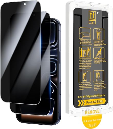 Ruky for 2 Pack iPhone 16 Pro/iPhone 17 / iPhone 17 Pro Privacy Screen Protector, Easy Installation with Pull Strip Alignment Frame, Bubble-Free,9H+ Hardness Tempered Glass Film for 16 Pro/17/17 Pro