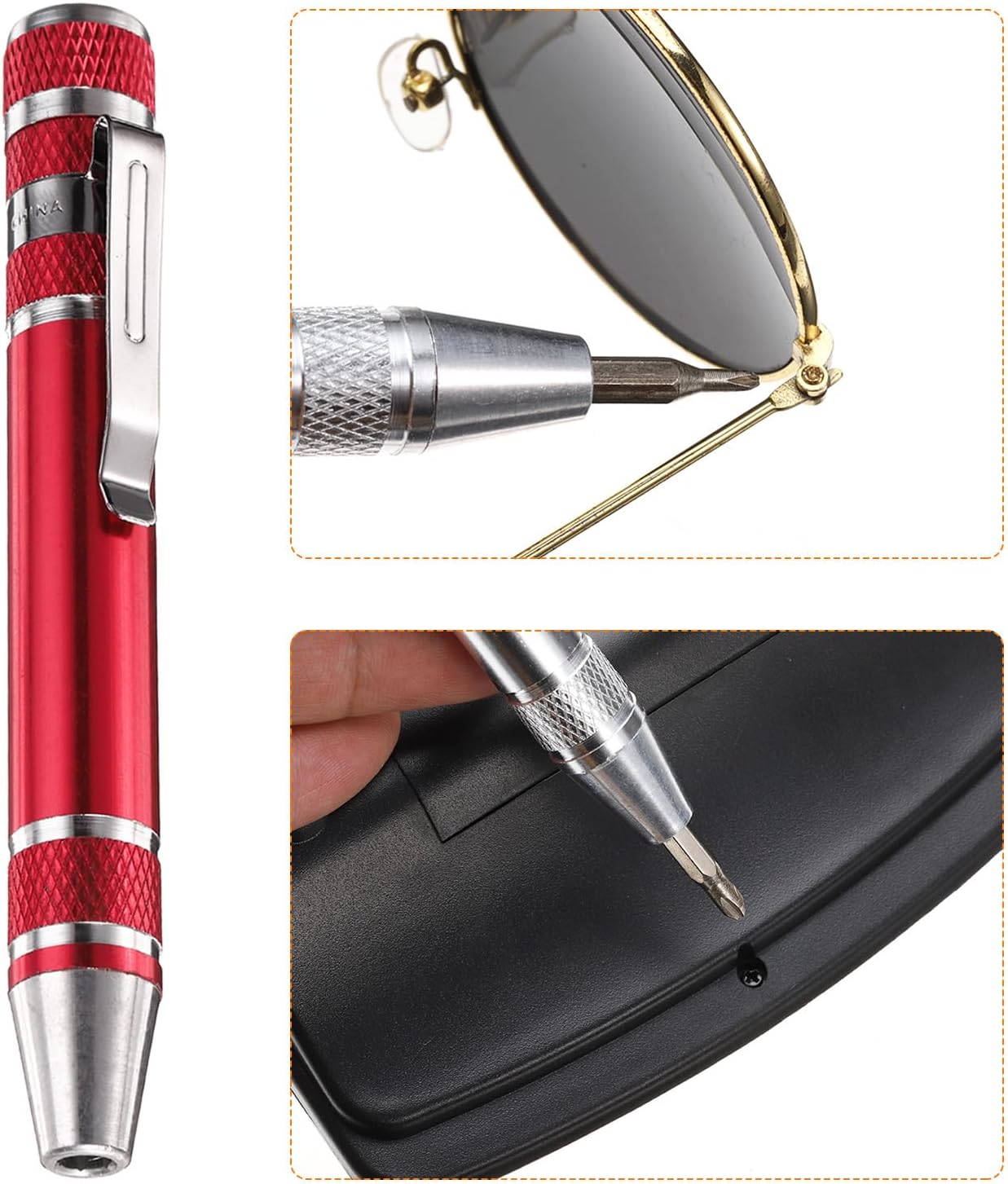 2pcs 8 in 1 Mini Pocket Pen Screwdriver Set Multi-Function Small Magnetic Screw Driver with Phillips and Flat Head Bits for Computer Eyeglasses, Red